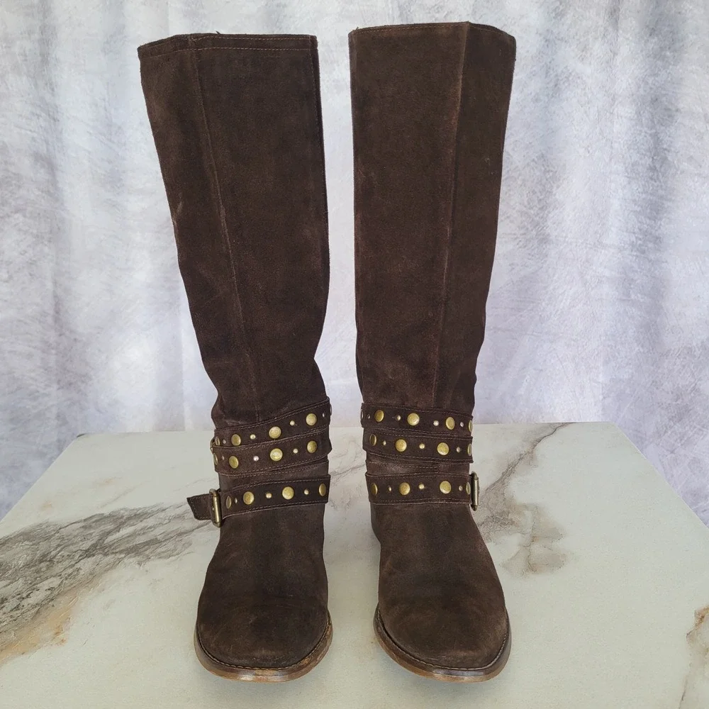 Barneys New York Suede Boots Knee High Biker Women's 36 Studded Buckle